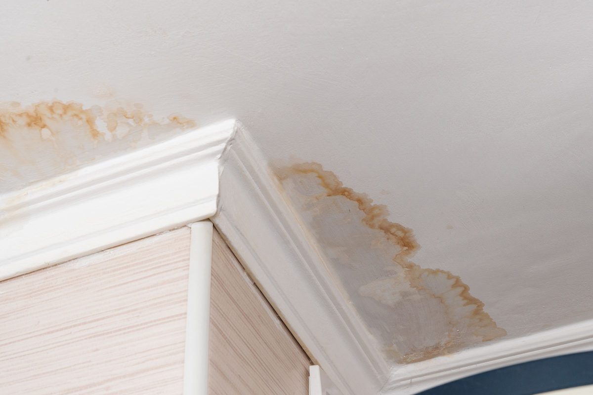 Water-stained ceiling near corner of room